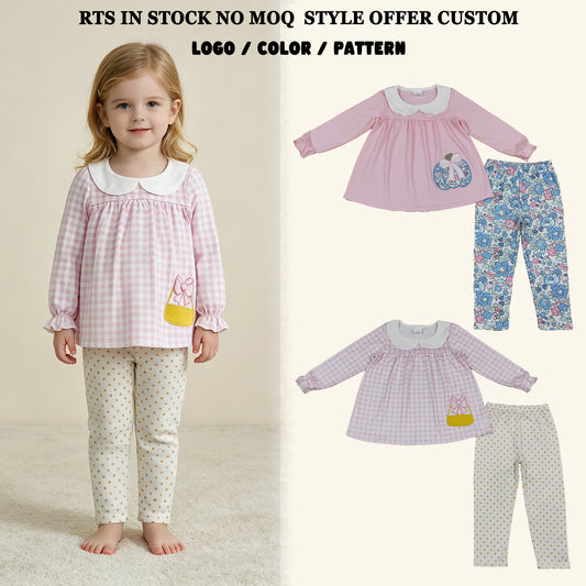 RTS NO MOQ Sibling milk silk Embroidery Baby Girls Collar Tunic Leggings Fall Clothes Sets