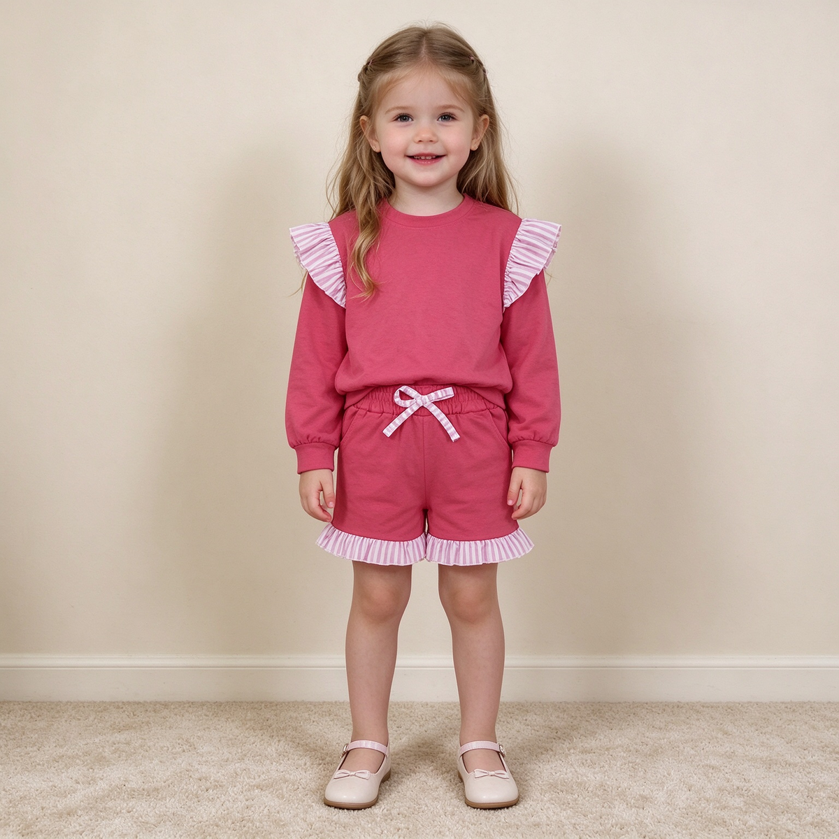 NEW RTS NO MOQ milk silk GLS0221（GT1848+SS1001）Baby Girls Watermelon Red Stripe Flutter Sleeve Top Pockets Ruffle Short Clothes Set