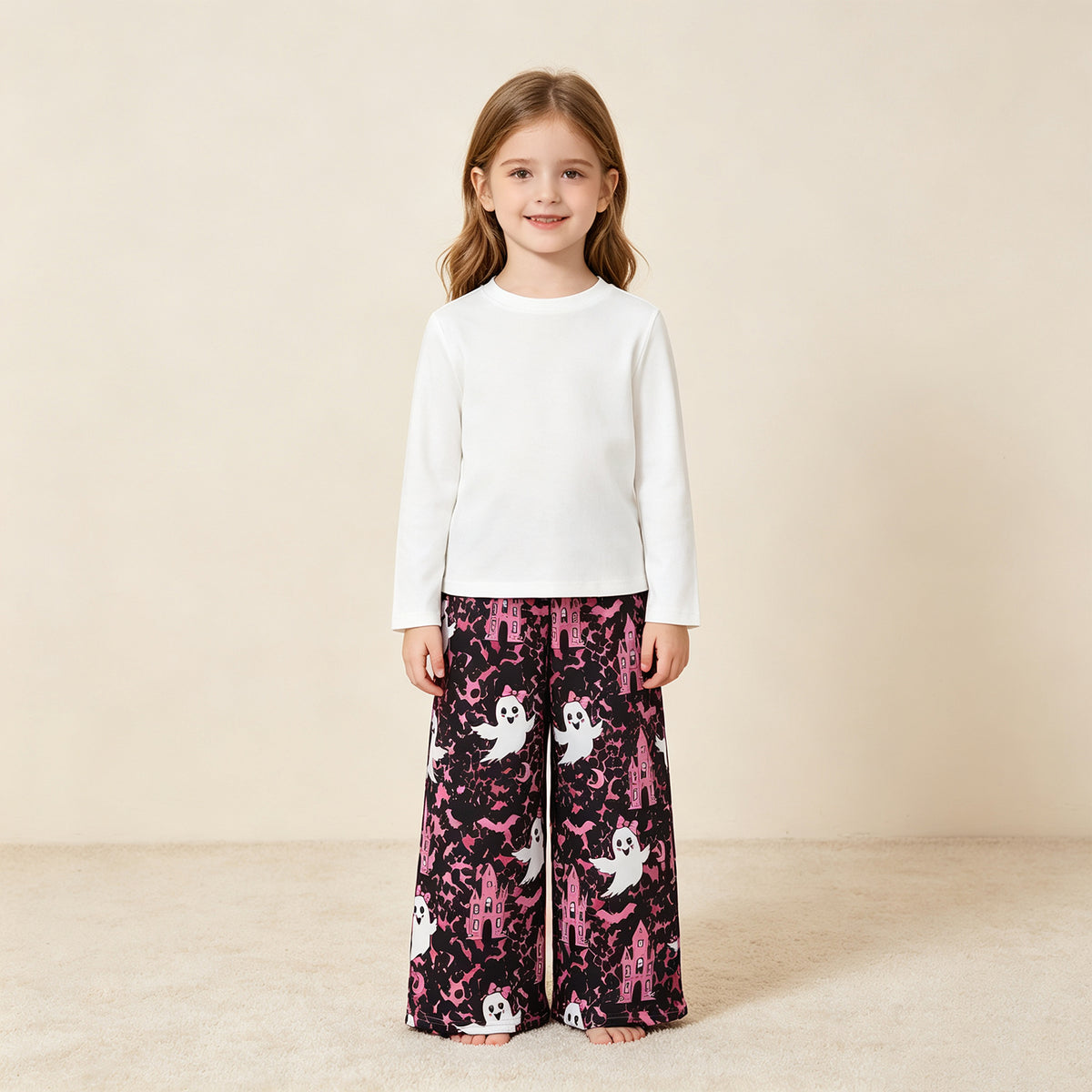 NEW RTS NO MOQ milk silk P1134 Baby Girls Ghosts Castles Bats Halloween Pockets Flare Pants Bottom