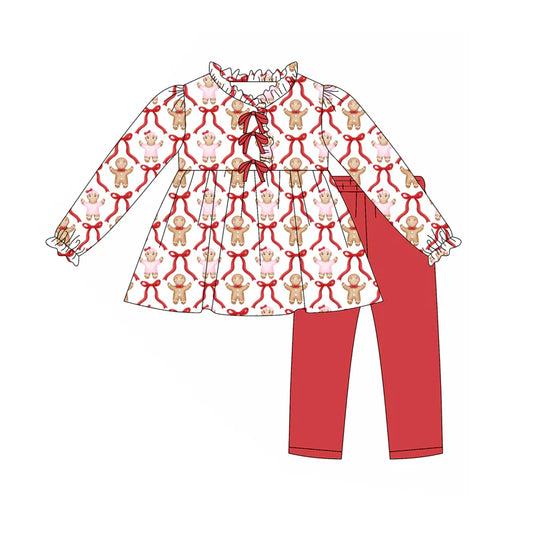 X8.15Baby Girls Christmas Gingerbread Bows Tunic Top Ruffle Pants Outfits Sets