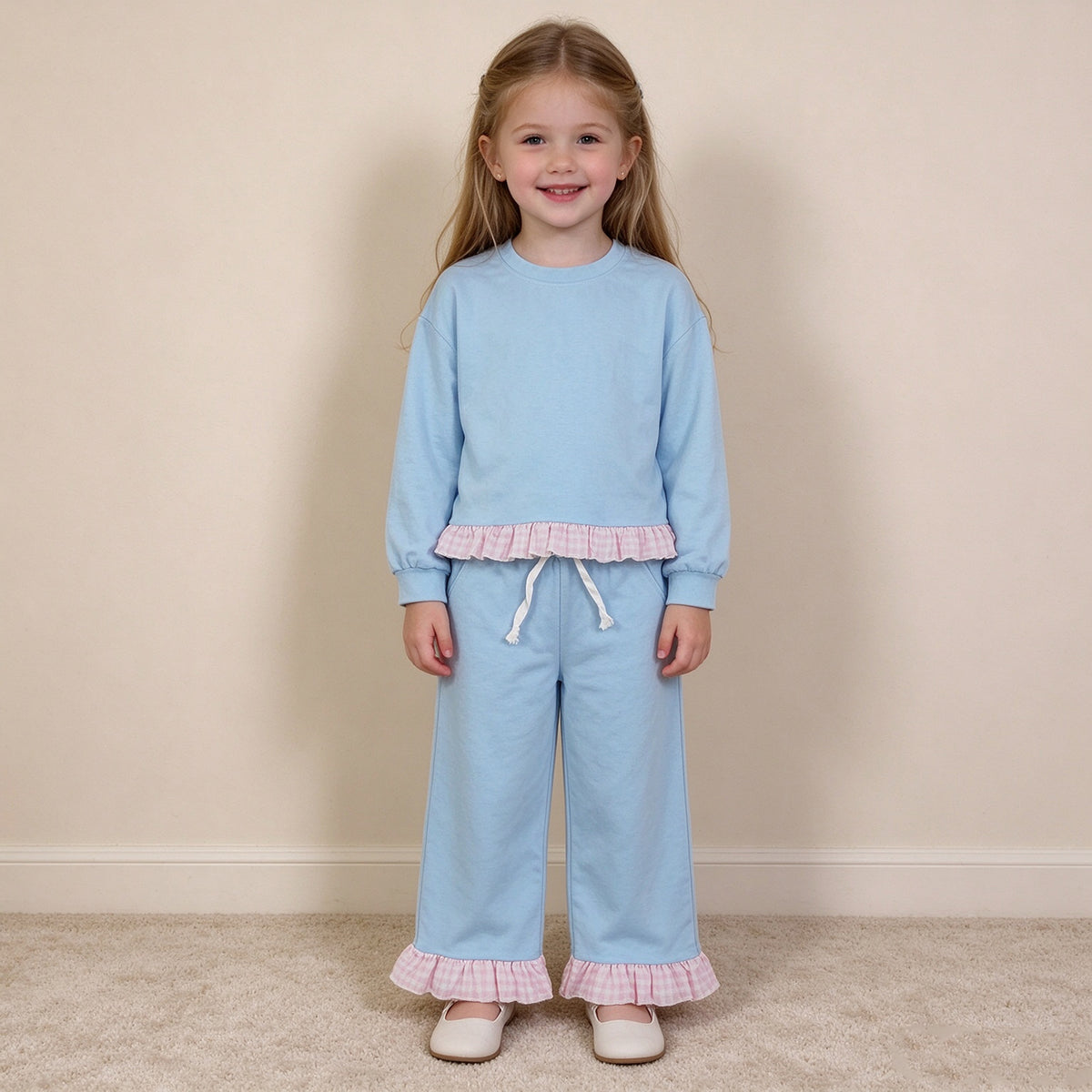 NEW RTS NO MOQ milk silk GLP3753 Baby Girls Blue Long Sleeve Top Pockets Ruffle Pant Clothes Set