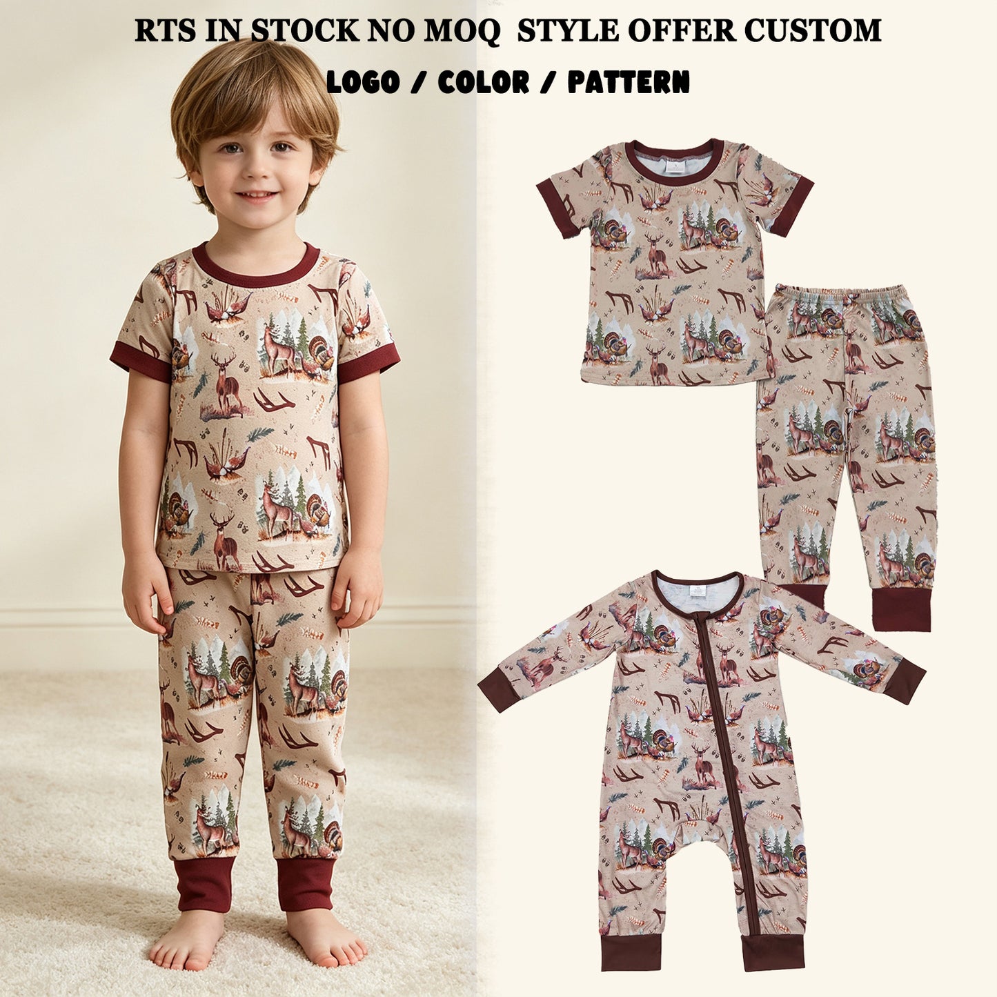 RTS NO MOQ Sibling milk silk Baby Infant Boys Fall Deers Hunting Turkey Bamboo Zip Rompers Set