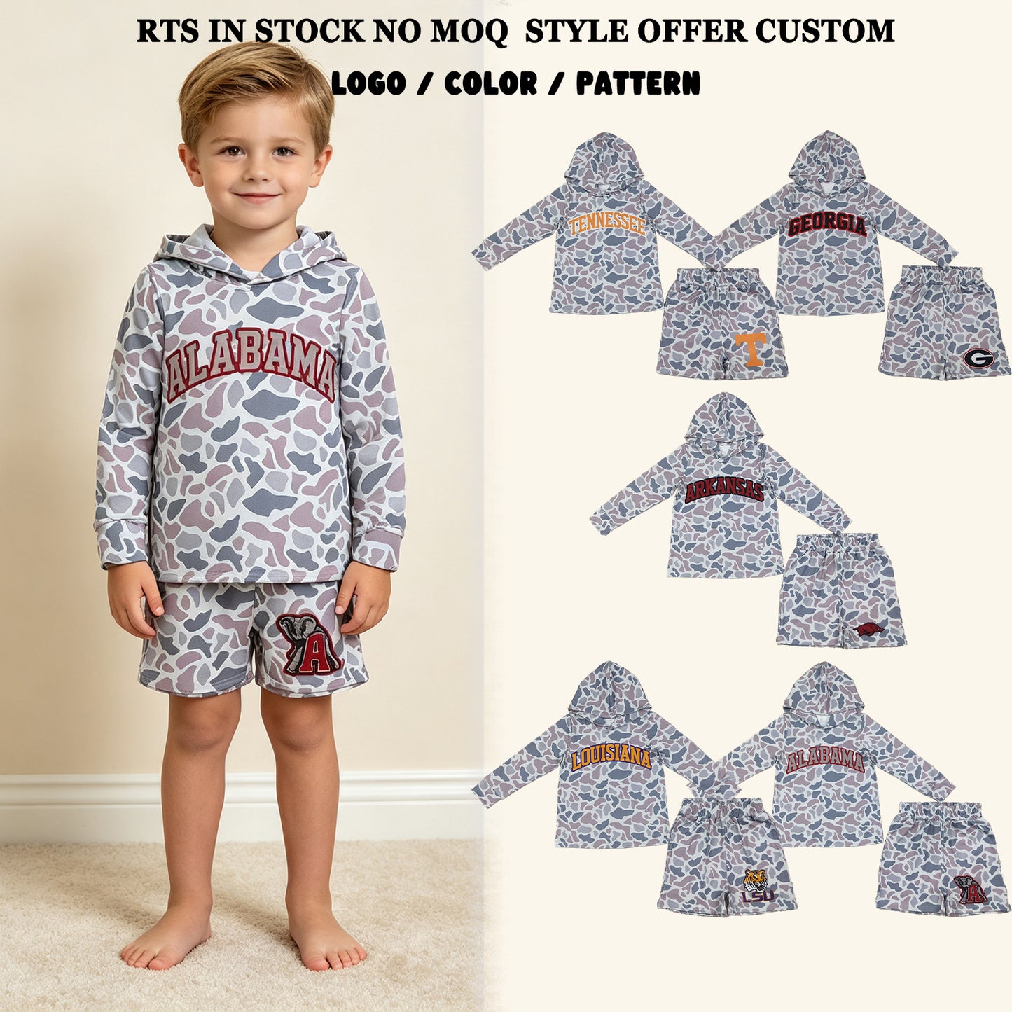 RTS NO MOQ Sibling Baby Boys Light Grey Camo Long Sleeve Hoodie Pockets Short Team Clothes Set