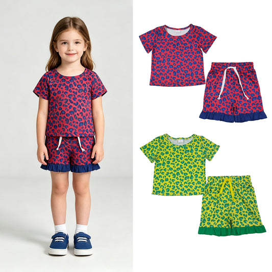 RTS NO MOQ Sibling milk silk Baby Girls Leopard Print Short Sleeve Top Ruffle Hem Shorts Summer Set