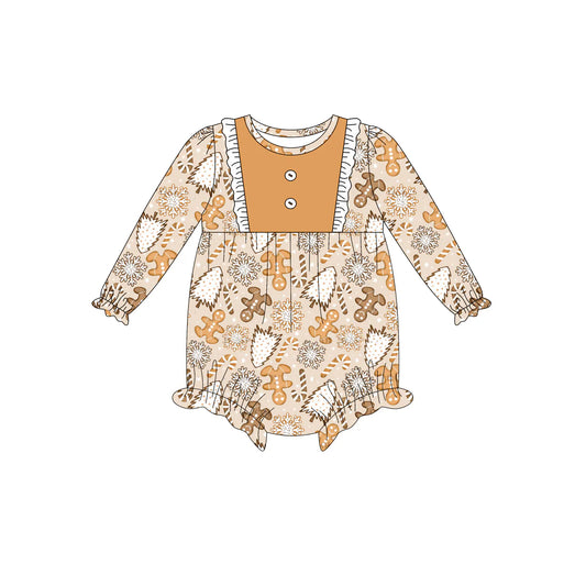 7.12Preorder (moq 5)Baby Girls Long Sleeves Button Gingerbread Trees Plaid Ruffle Romper