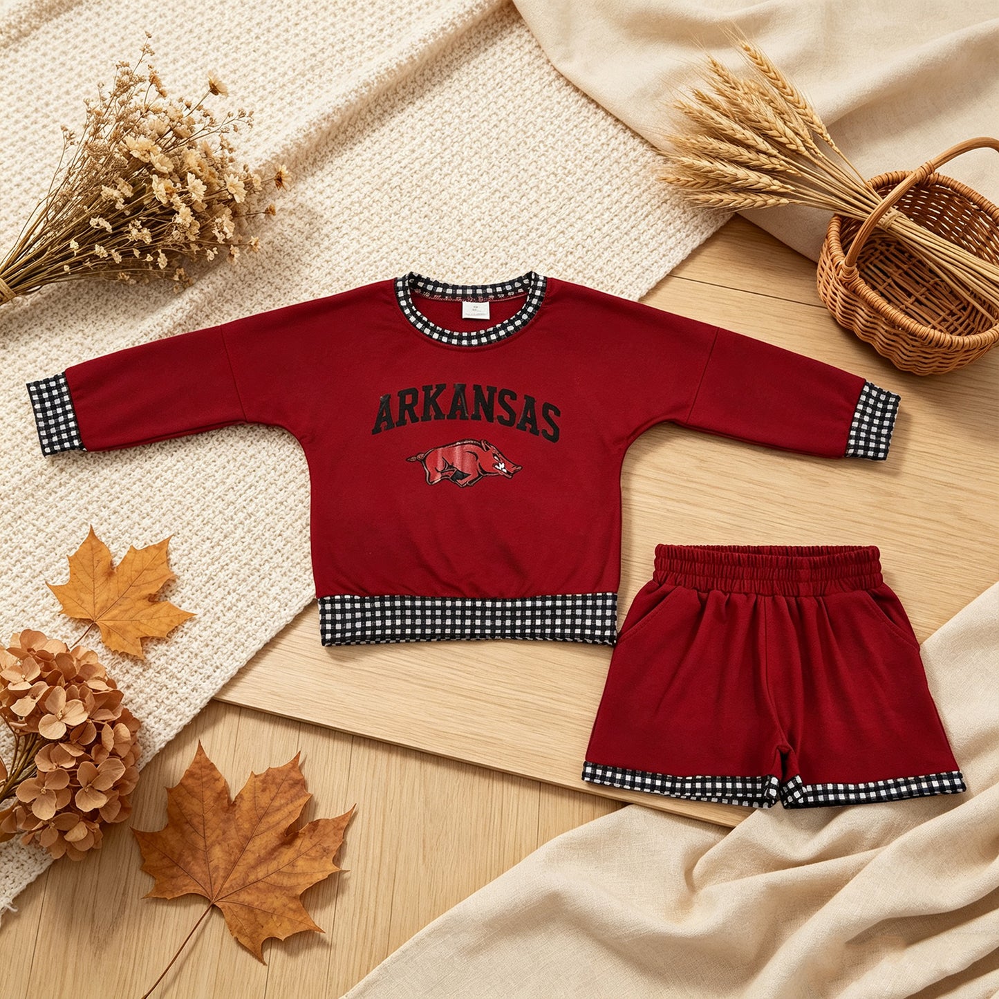NEW RTS NO MOQ Vinyl GLS0167 Baby Boys Red Long Sleeve Top Short Team Clothes Set