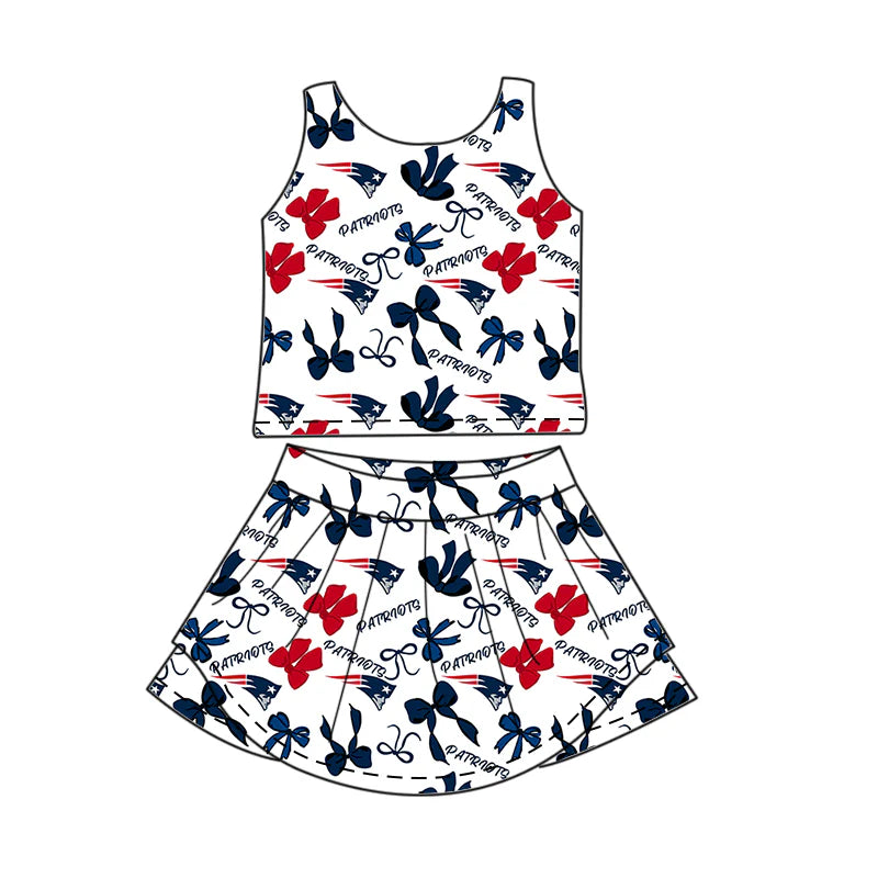 6.30Preorder (moq 5)Baby Girls Sleeveless Bows Plaid Patriots Top Skorts Team Set