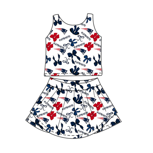 6.30Preorder (moq 5)Baby Girls Sleeveless Bows Plaid Patriots Top Skorts Team Set