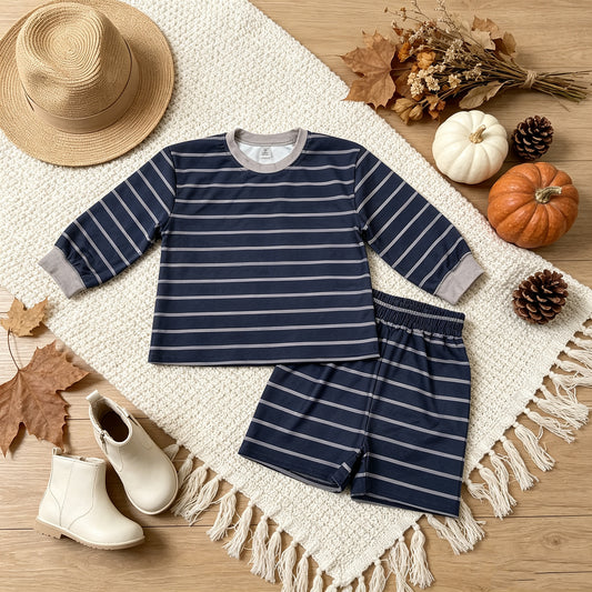 RTS NO MOQ yoga fabric GLS0158 Baby Girls Grey Navy Stripe Long Sleeve Shirt Top Short Yoga Active Clothes Set