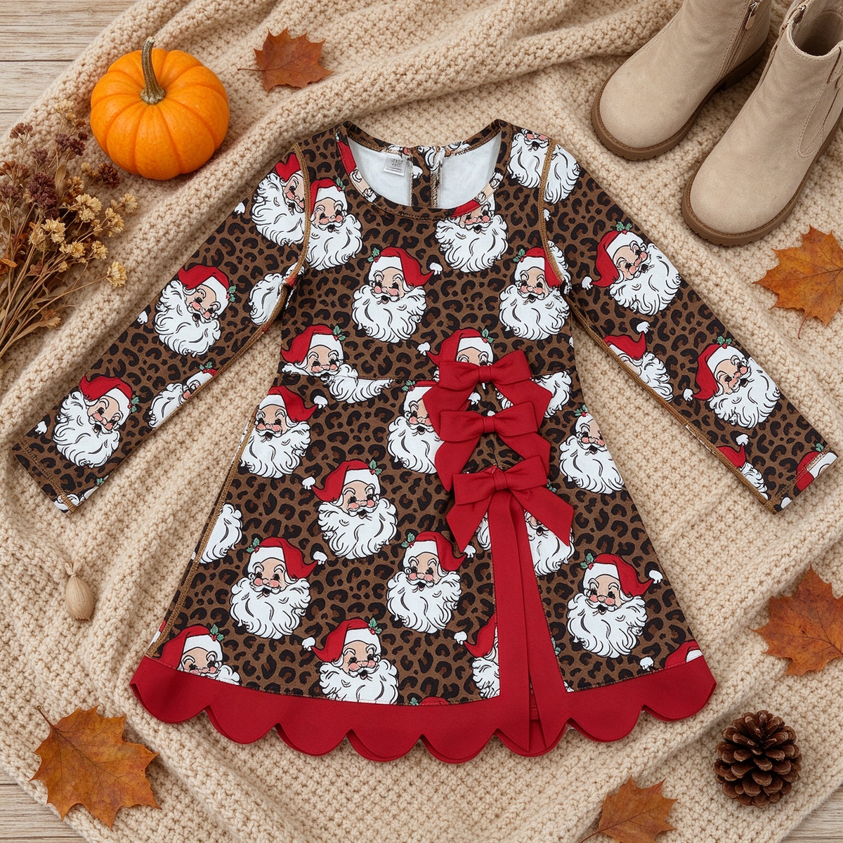 NEW RTS NO MOQ yoga fabric GLD1679 Baby Girls Leopard Santa Short Christmas Bows Scallop Yoga Active Knee Length Dress
