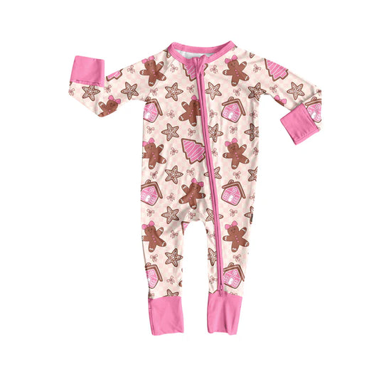 7.12Preorder (moq 5)Baby Girls Long Sleeves Pink Gingerbread Plaid Zipper Pant Romper