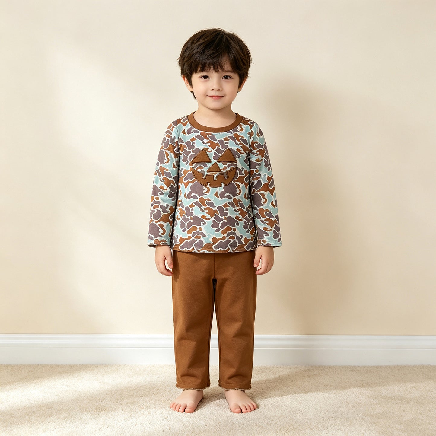 NEW RTS NO MOQ milk silk BLP1193 Embroidery Ghost Pumpkins Baby Boys Camo Top Pant Halloween Clothes Set