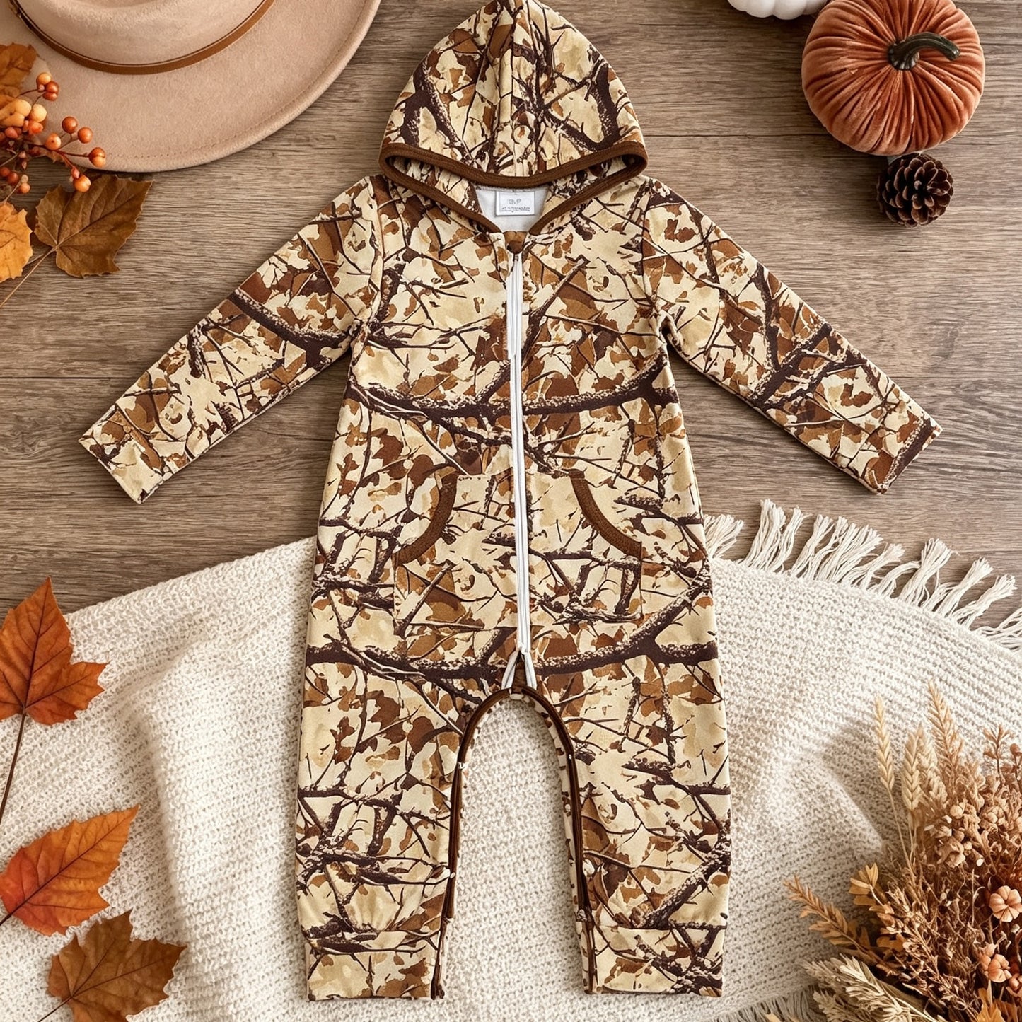 NEW RTS NO MOQ milk silk LR3033 Baby Boys Leaves Camo Half Zip Pockets Pant Fall Hoodie Rompers