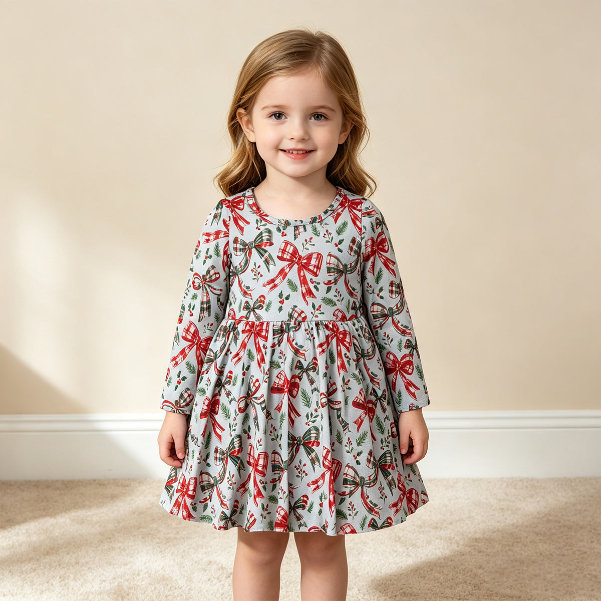 NEW RTS NO MOQ milk silk GLD1709 Baby Girls Green Red Checked Bows Flowers Christmas Knee Length Dress