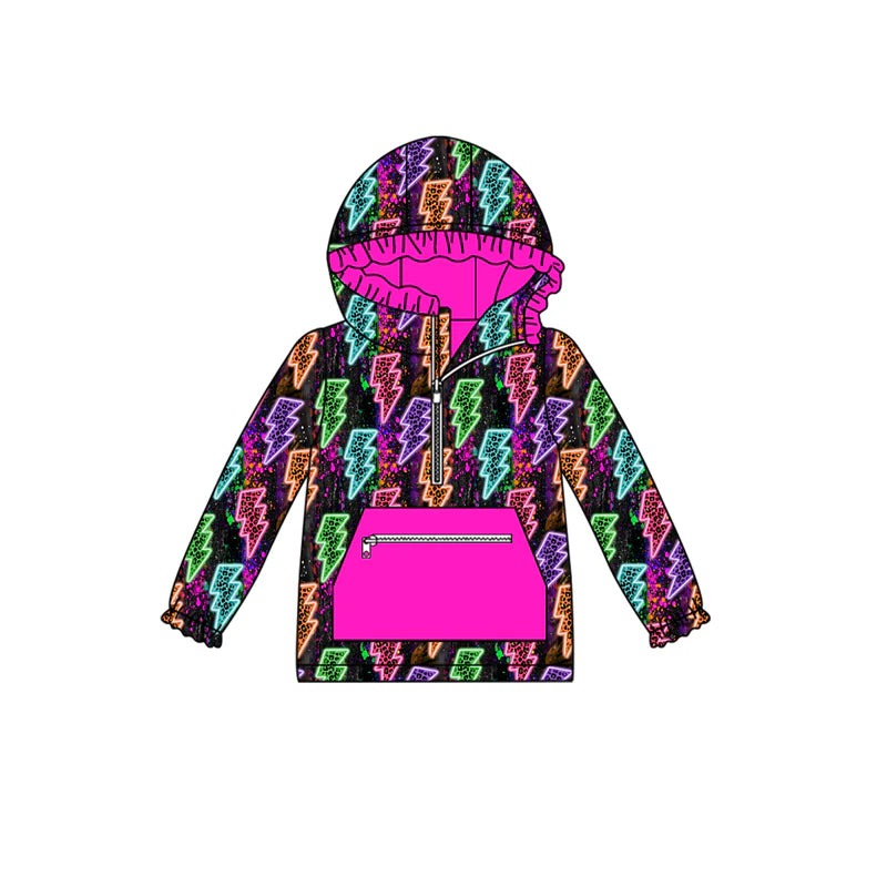 7.23Preorder (moq 5)Baby Girls Long Ruffle Sleeves Colorful Lights Pocket Zipper Hoodies Top