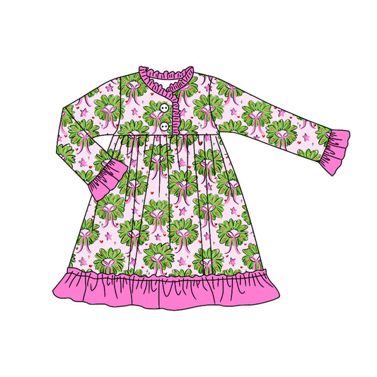 7.30Preorder(moq 5) Baby Girls Long Ruffle Sleeves Holly Bows Plaid Button Knee Length Dresses