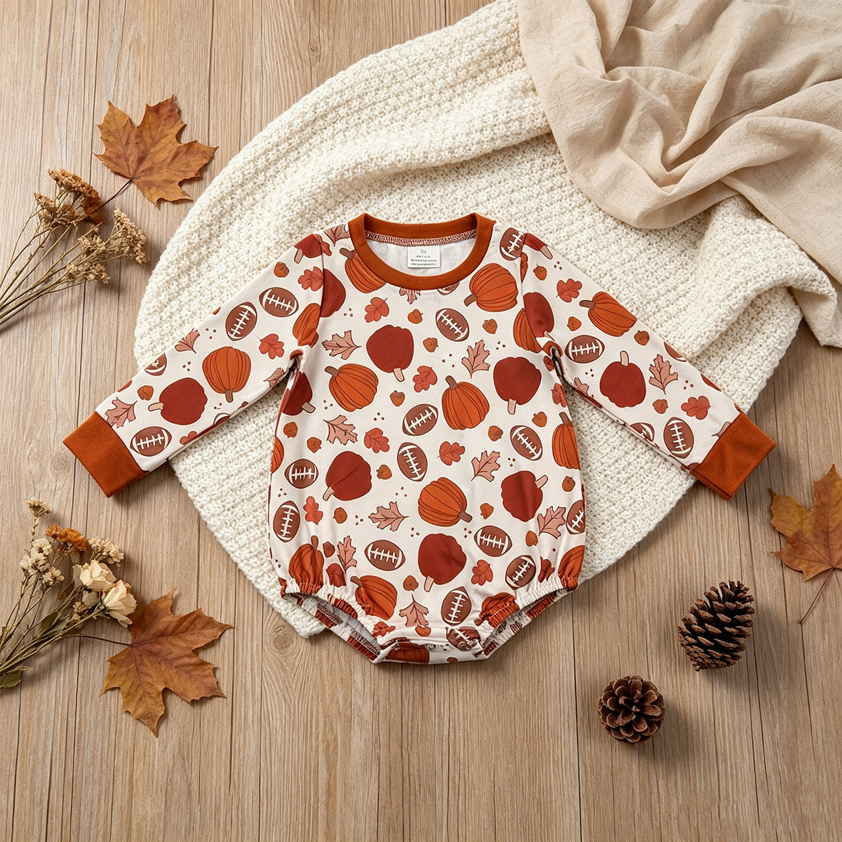 NEW RTS NO MOQ milk silk LR3235 Baby Boys Long Sleeve Football Pumpkins Fall Romper
