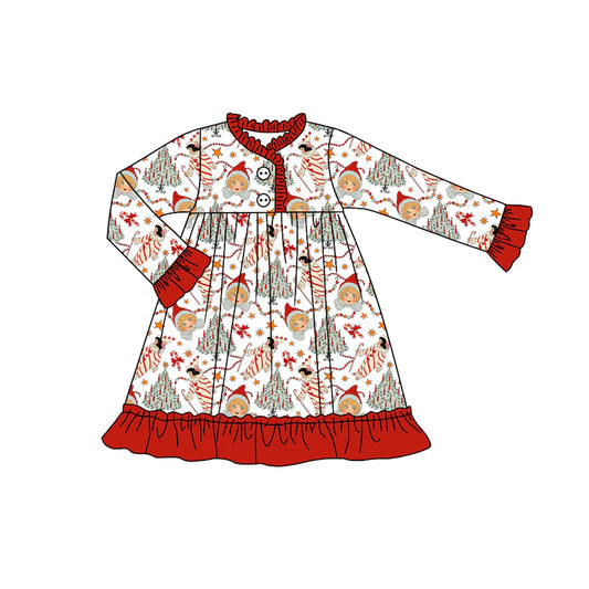 7.12Preorder (moq 5)Baby Girls Long Ruffle Sleeves Candy Cane Trees Button Knee Length Dresses
