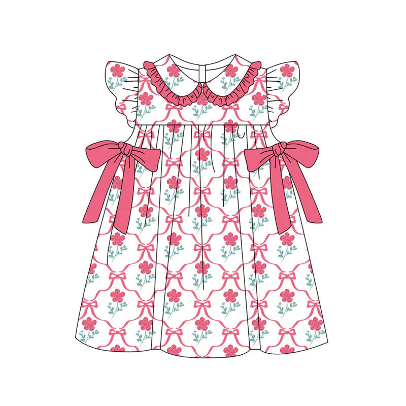 X11.21 Preorder(moq 5) Baby Girls Peach Flowers Checked Bows Collar Knee Length Dresses