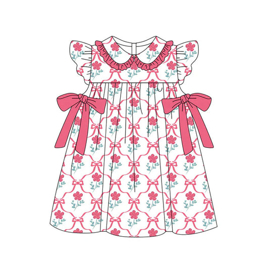 X11.21 Preorder(moq 5) Baby Girls Peach Flowers Checked Bows Collar Knee Length Dresses