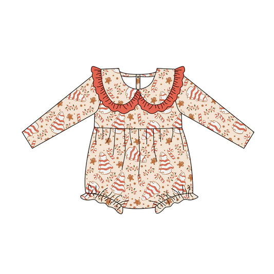 7.12Preorder (moq 5)Baby Girls Long Sleeves Candy Cane Trees Lights Ruffle Romper