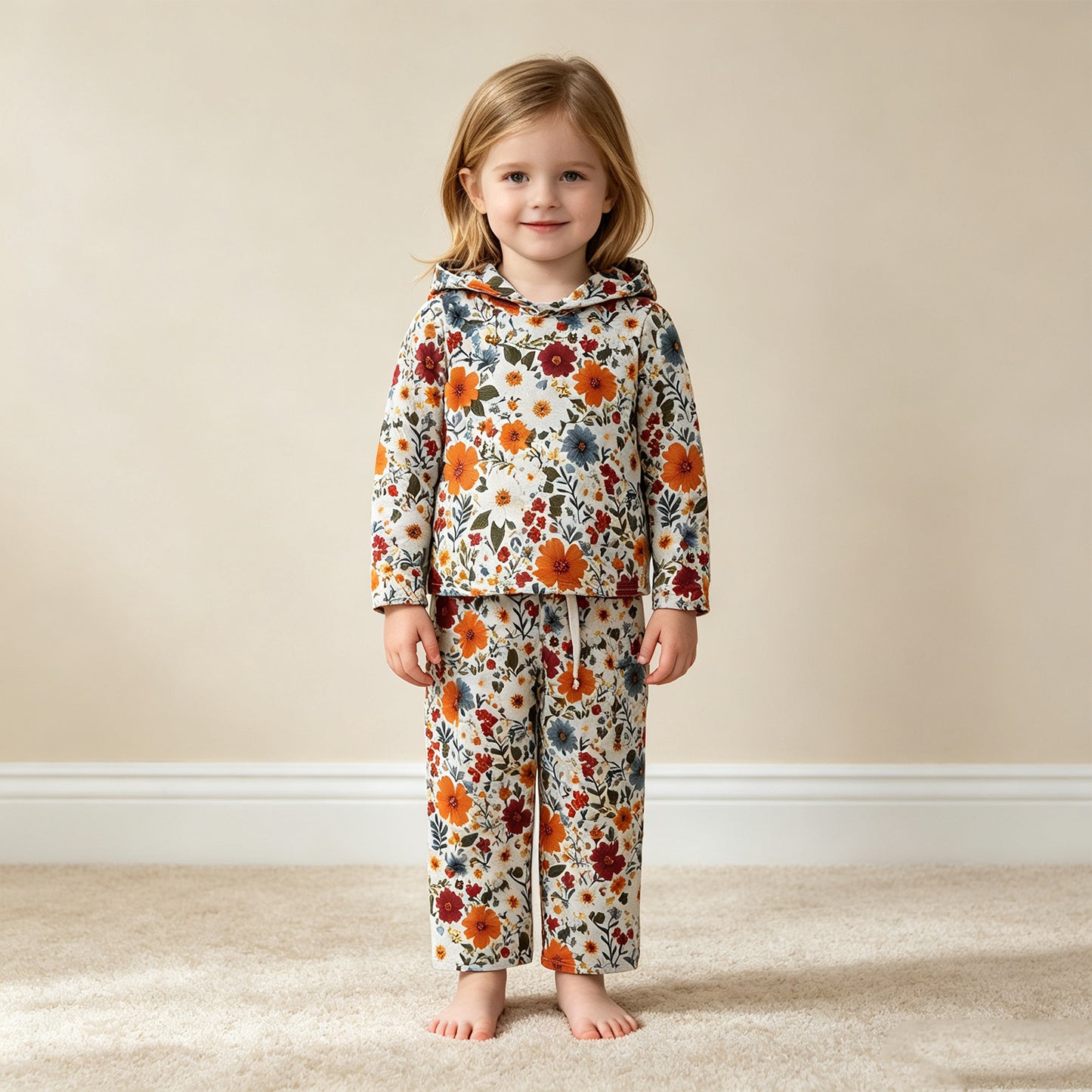 RTS NO MOQ milk silk GLP3321 Baby Girls Colorful Flowers Hoodies Pockets Straight Bottom Pant Clothes Sets