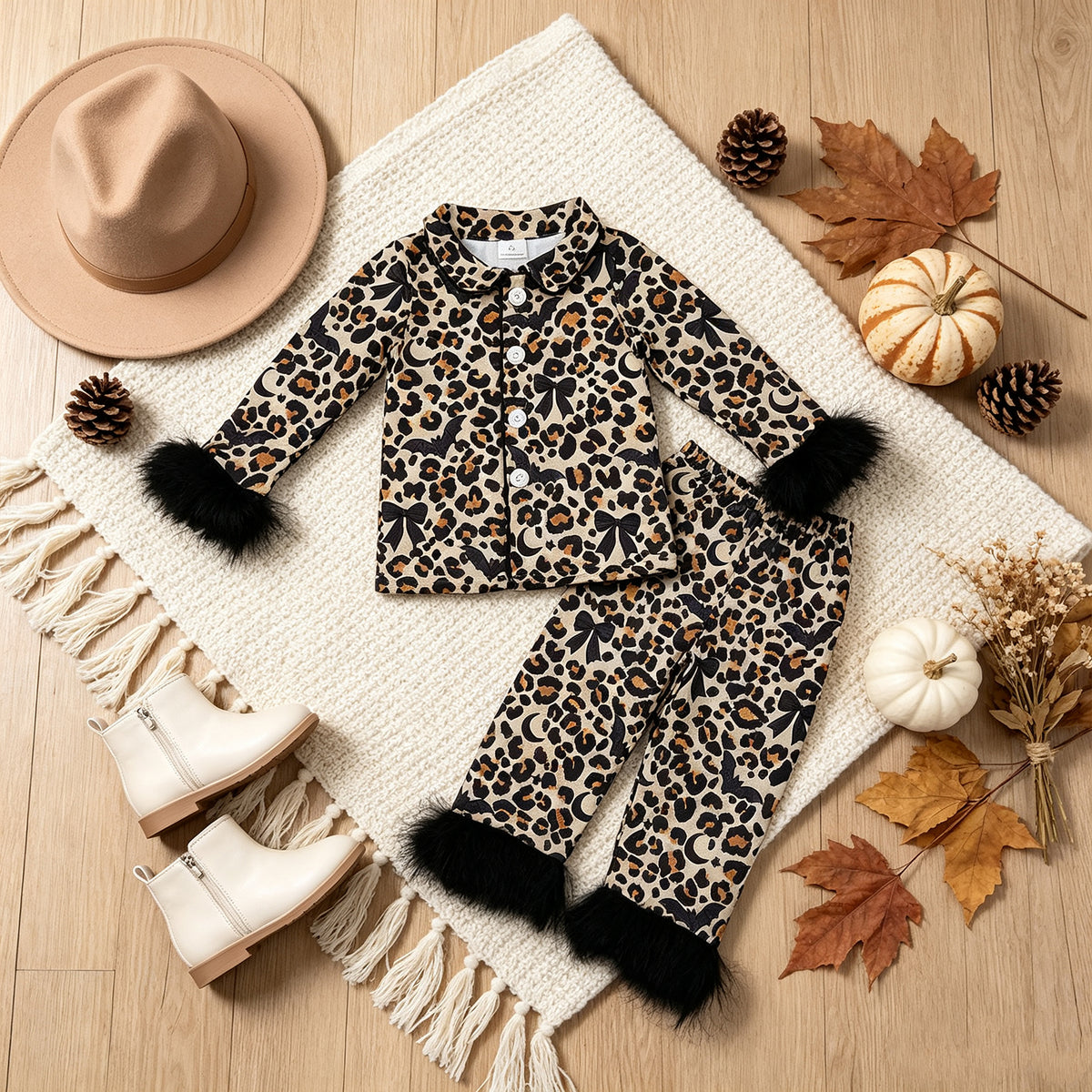 RTS NO MOQ milk silk GLP3640 Baby Girls Leopard Bats Button Top Pant Fur Sleeves Halloween Pajamas Set