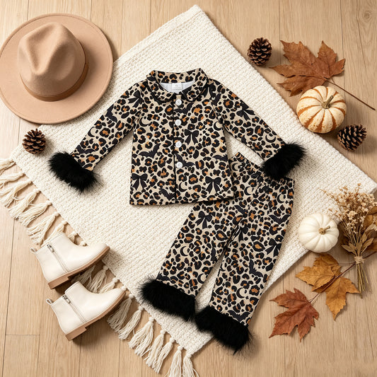 RTS NO MOQ milk silk GLP3640 Baby Girls Leopard Bats Button Top Pant Fur Sleeves Halloween Pajamas Set