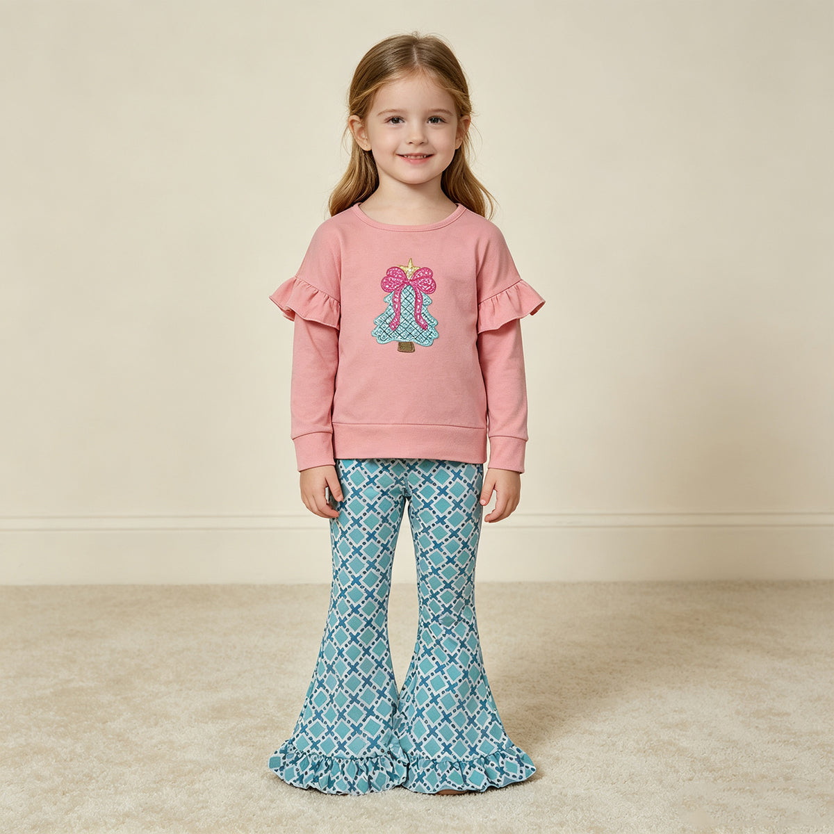 NEW RTS NO MOQ milk silk GLP3548 Embroidery Bow Trees Baby Girls Polka Dots Top Ruffle Pant Christmas Clothes Sets