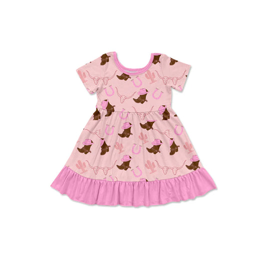 X1.15 Preorder (moq 5)Baby Girls Hat Boots Bull Skulls Western Ruffle Knee Length Dresses