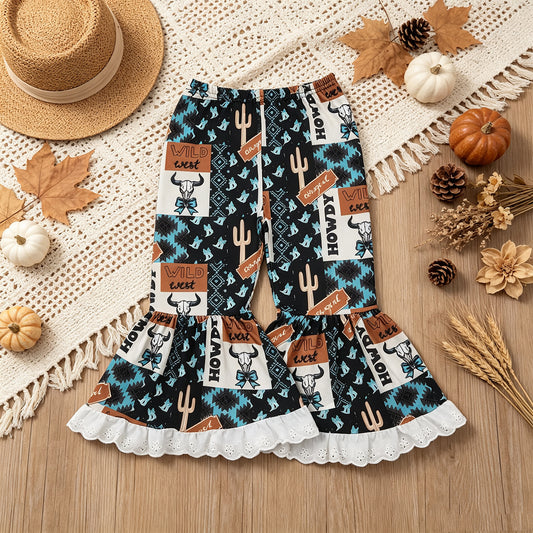 NEW RTS NO MOQ milk silk P0781 Baby Girls Blue Aztec Bow Bull Skull Plaid Bell Bottom Pants