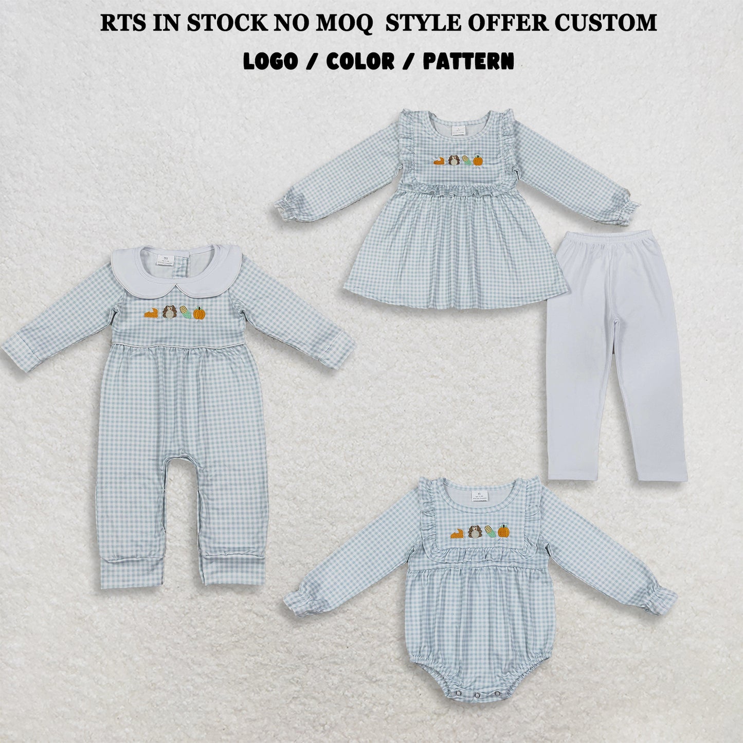 RTS NO MOQ Sibling milk silk Embroidery Turkey Pumpkins Baby Girls Tunic Leggings Thanksgivings Set Rompers