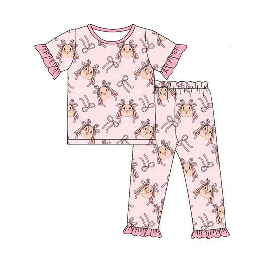 X923Preorder (moq 5)Baby Girls Pink Bows Rabbits Top Ruffle Pants Easter Pajamas Sets