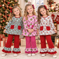 RTS NO MOQ Sibling milk silk Girls Christmas Print Long Sleeve Pocket Tunic Top And Ruffle Hem Pants Sibling Matching Outfit