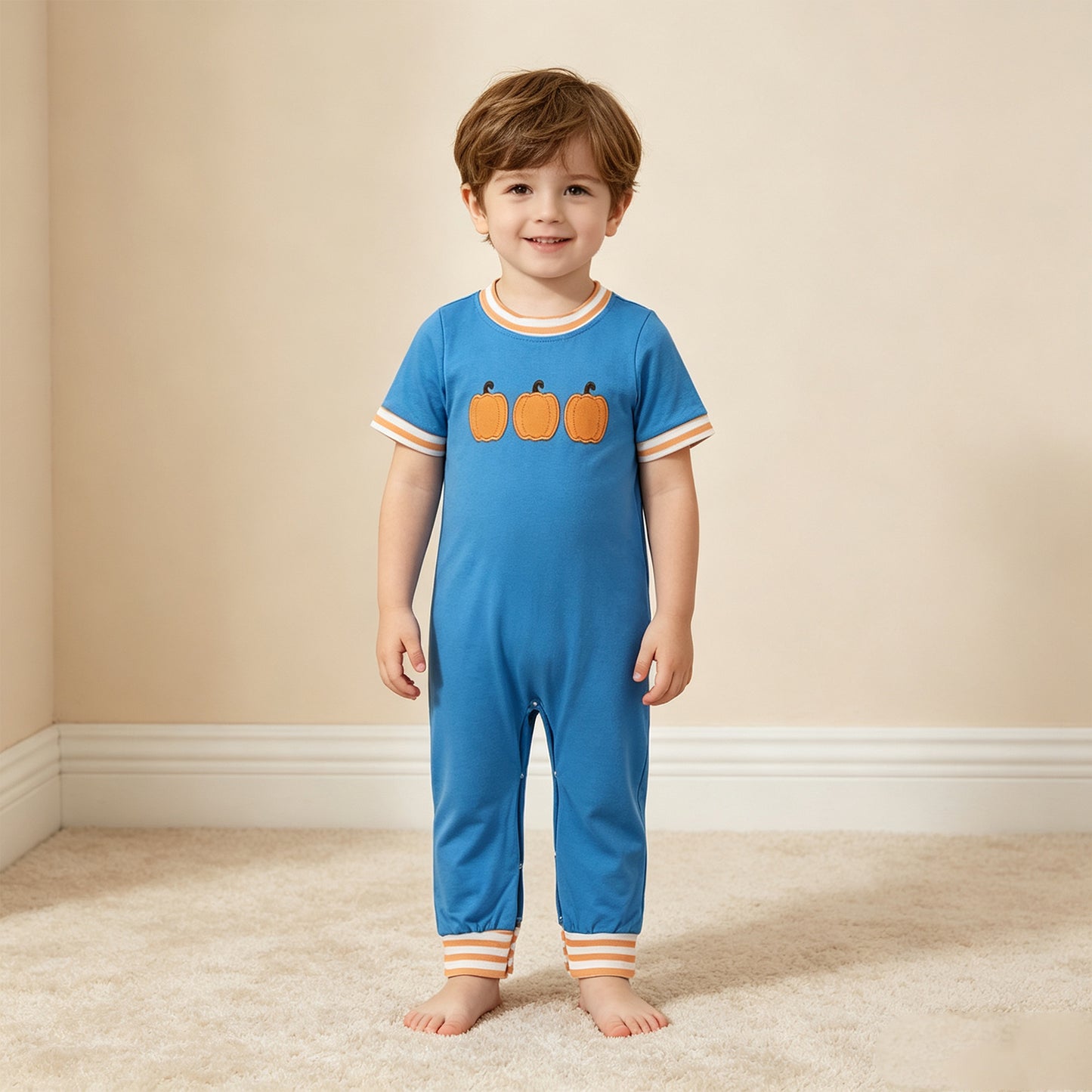 NEW RTS NO MOQ milk silk SR4285 Embroidery Pumpkins Baby Boys Short Sleeve Fall Pant Rompers