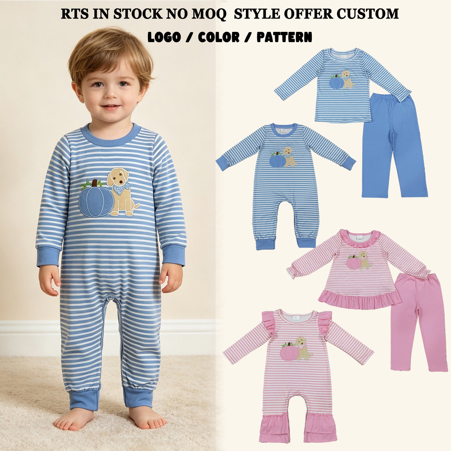 RTS NO MOQ Sibling milk silk Baby Kids Embroidery Dog Pumpkins Stripe Tunic Leggings Fall Set Rompers