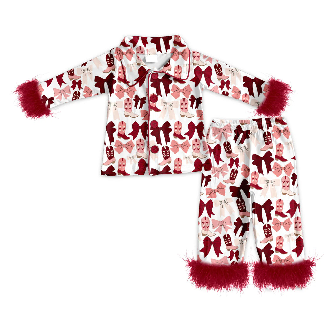 X909Preorder (moq 5)Baby Girls Red Pink Bows Boots Button Top Pants Valentine Fur Pajamas Sets