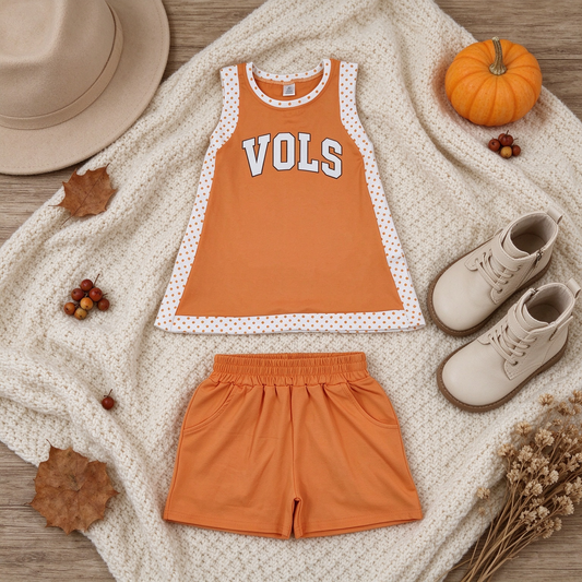 NEW RTS NO MOQ Yoga GSSO3852（GSD4292+SS0980）Baby Girls Orange Polka Dots Vinyl Vols Split Tunic Pockets Short Yoga Active Team Clothes Sets