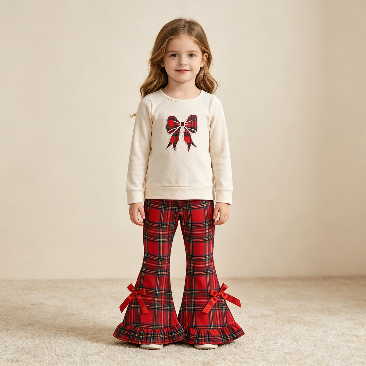 NEW RTS NO MOQ milk silk GLP3547 Embroidery Checked Bow Baby Girls Ruffle Bell Bottom Pant Christmas Clothes Sets