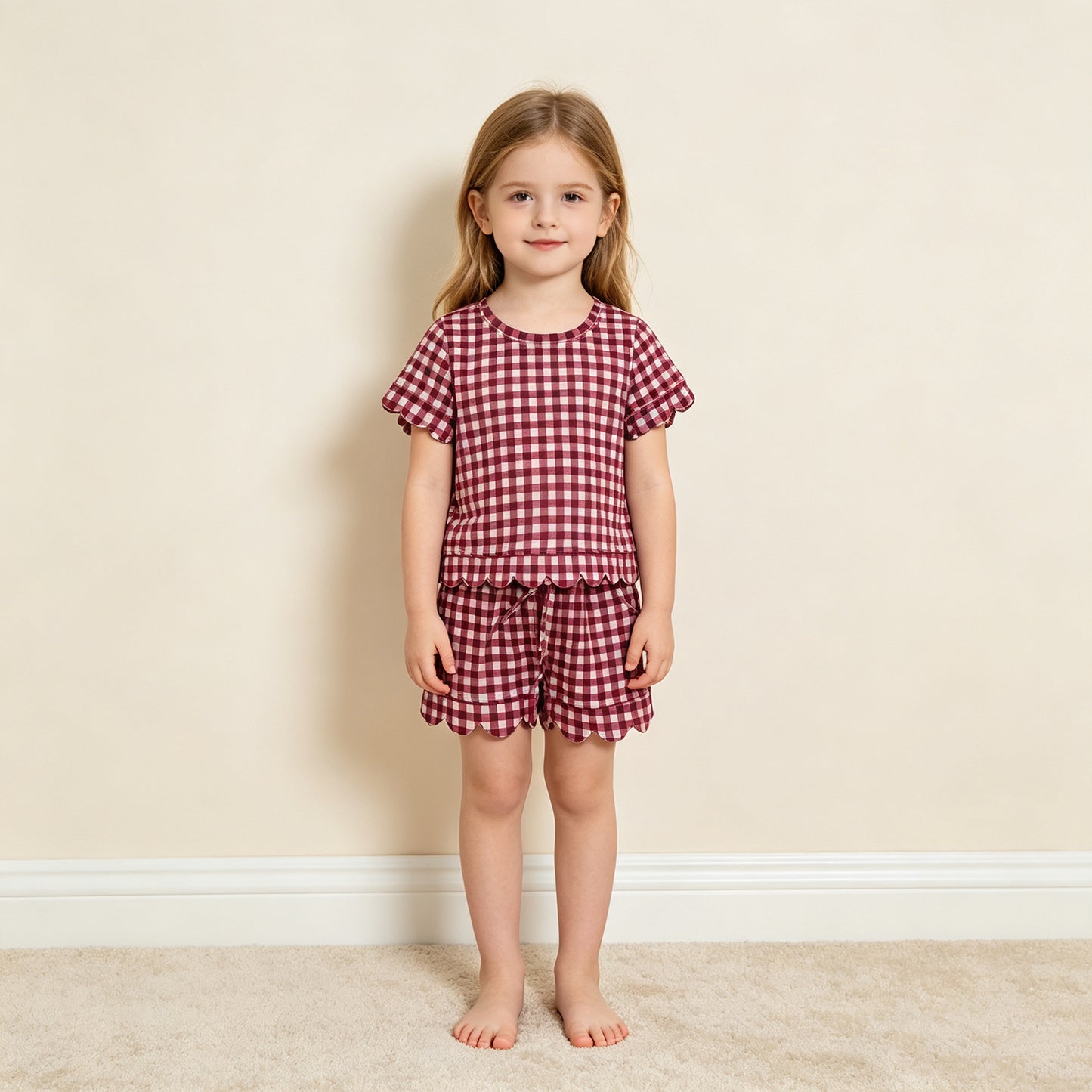 NEW RTS NO MOQ milk silk GSSO3836 Baby Girls Maroon Plaid Checked Short Sleeve Shirt Top And Scallop Hem Shorts Set