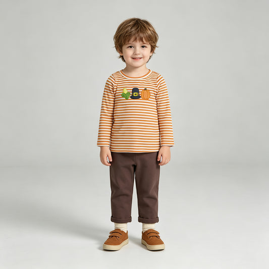 NEW RTS NO milk silk BLP1442 Embroidery Pumpkin Corns Baby Boys Orange Stripe Top Pant Fall Clothes Sets