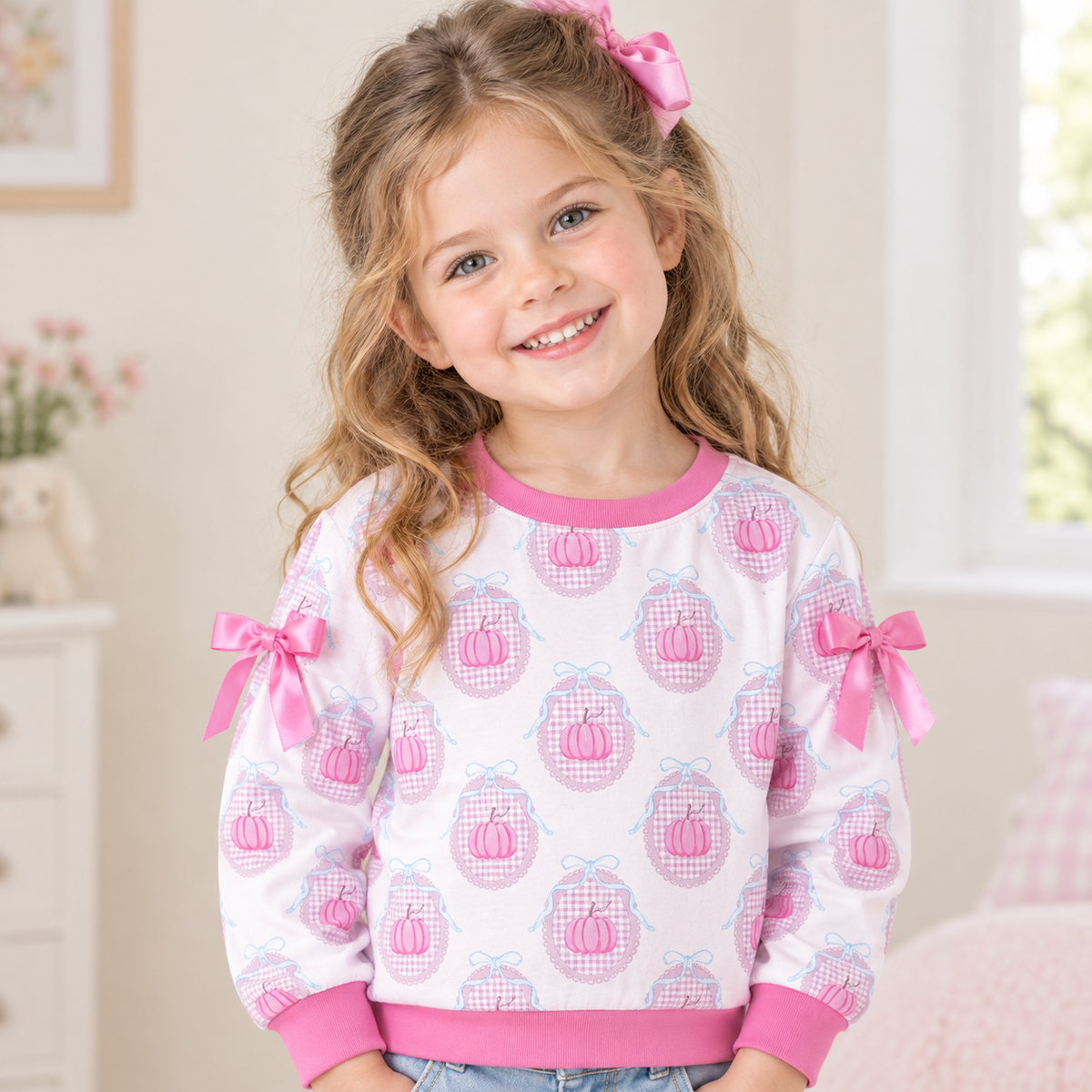 NEW RTS NO MOQ milk silk GT1657 Baby Girls Long Sleeve Pink Bows Pumpkins Checked Print Fall Casual T‑shirt Top