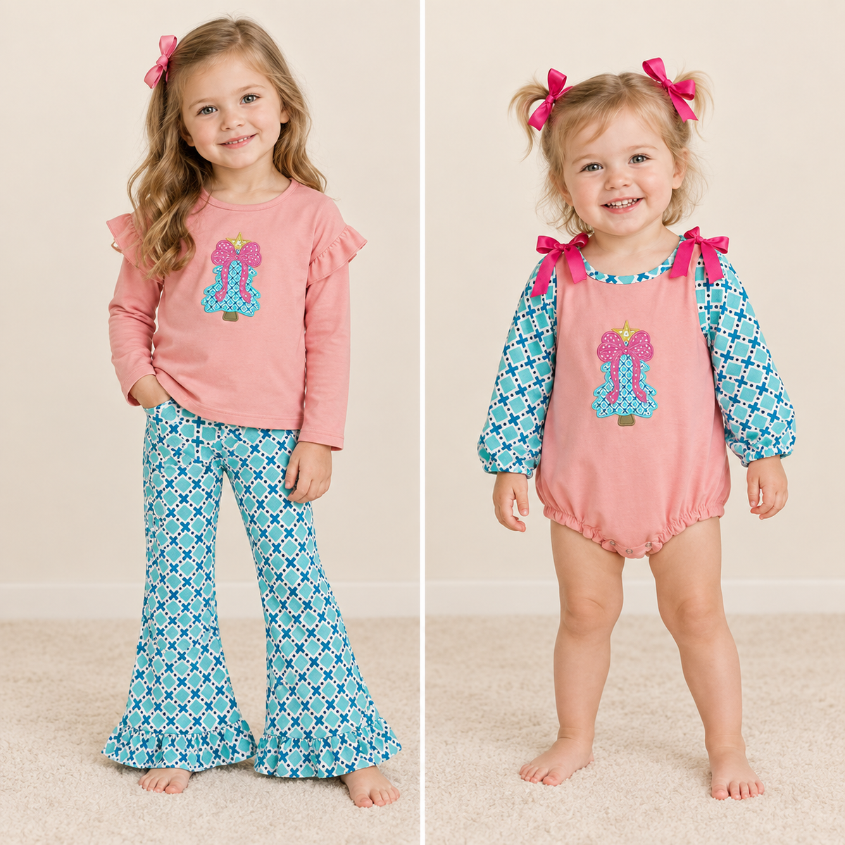 RTS NO MOQ Sibling milk silk Baby Girls Christmas Tree Print Long Sleeve Dress Rompers Holiday Outfit