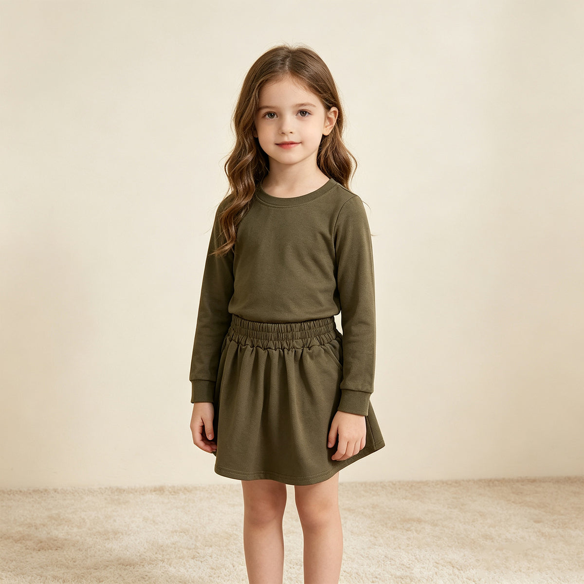 NEW RTS NO MOQ milk silk GLD1698 Baby Girls Olive Long Sleeve Shirt Top Pockets Skirt Short Clothes Sets