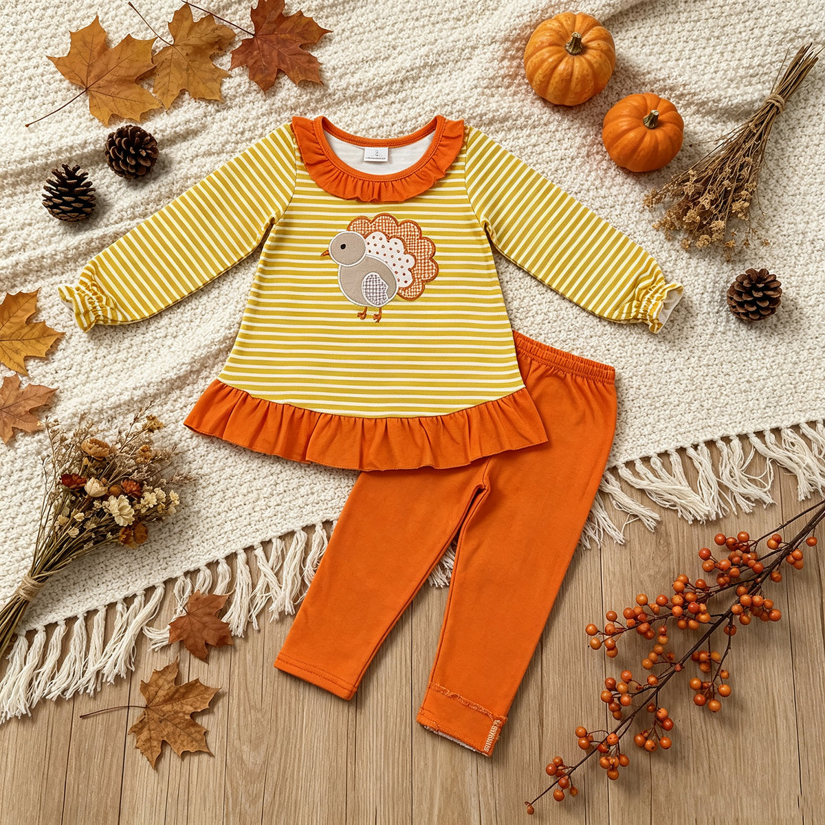 RTS NO MOQ milk silk GLP3493 Embroidery Turkey Baby Girls Orange Stripe Tunic Leggings Thanksgivings Clothes Sets
