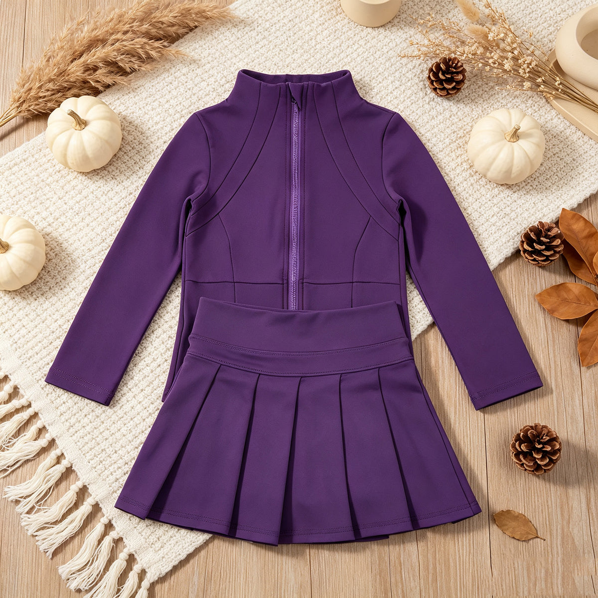 NEW RTS NO MOQ yoga fabric cotton GLD1704(GT1803+GLK0086)Baby Girls Purple Zip Jacket Pleated Skirt Short Yoga Active Clothes Set