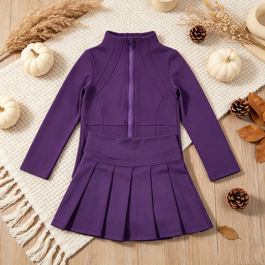 NEW RTS NO MOQ yoga fabric cotton GLD1704(GT1803+GLK0086)Baby Girls Purple Zip Jacket Pleated Skirt Short Yoga Active Clothes Set