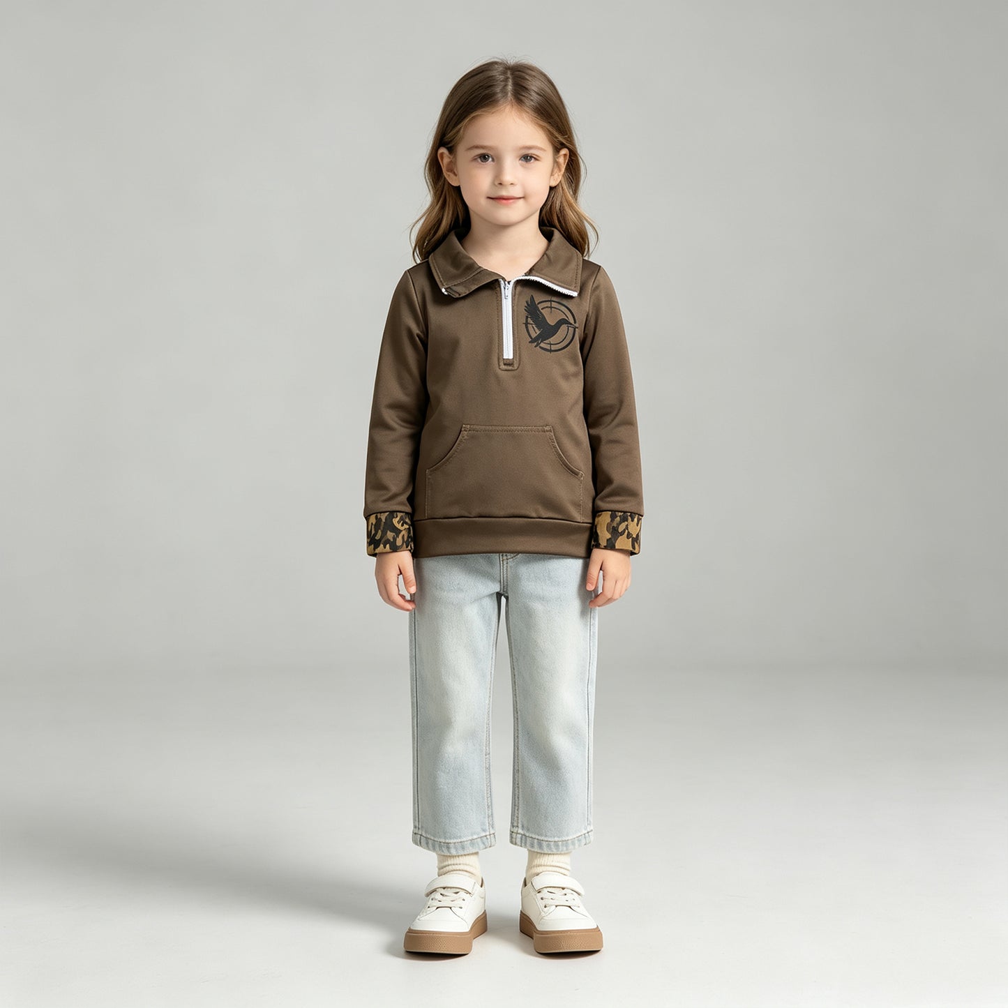 NEW RTS NO MOQ milk silk GT1698 Baby Girls Hunting Olive Green Duck Print Long Sleeve Zip Pocket Pullover