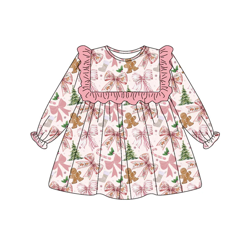 7.10Preorder (moq 5)Baby Girls Long Sleeves Pink Bows Gingerbread Knee Length Dresses