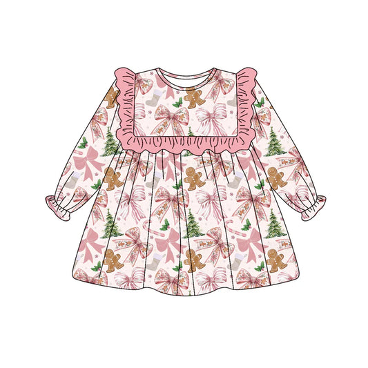 7.10Preorder (moq 5)Baby Girls Long Sleeves Pink Bows Gingerbread Knee Length Dresses